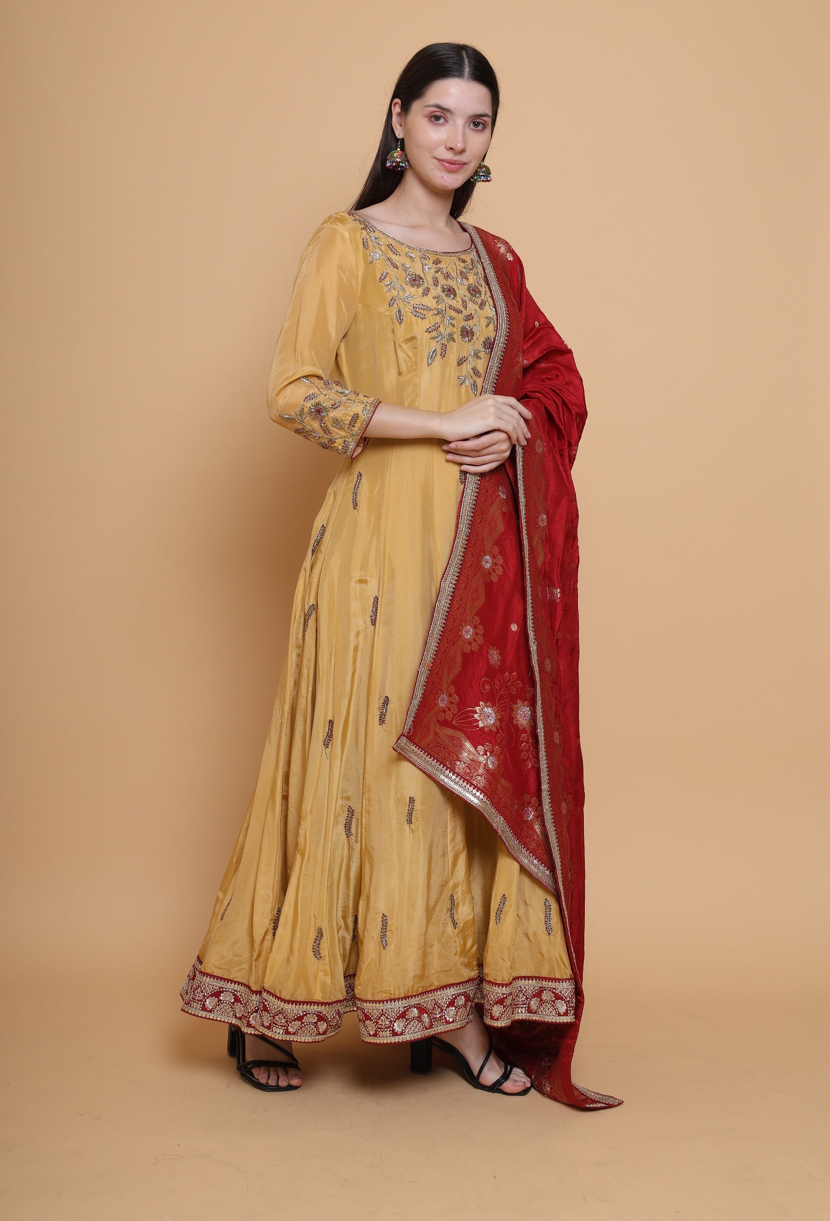 Regal Splendor - Golden Anarkali Suit with Red Silk Dupatta Destiny By Anjali Regal Splendor - Golden Anarkali Suit with Red Silk Dupatta Destiny By Anjali