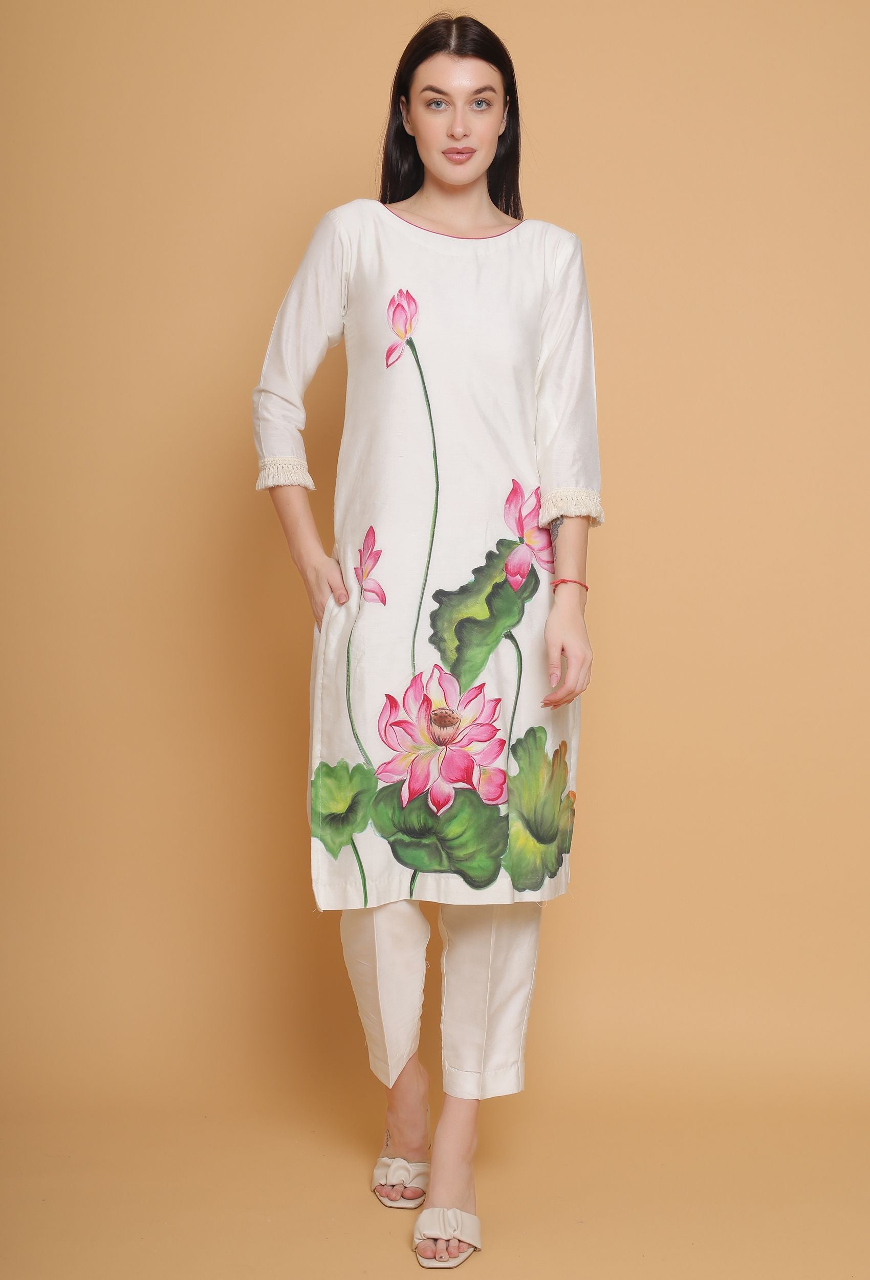 Hand Painted Pink Floral Kurti Set - Main Image