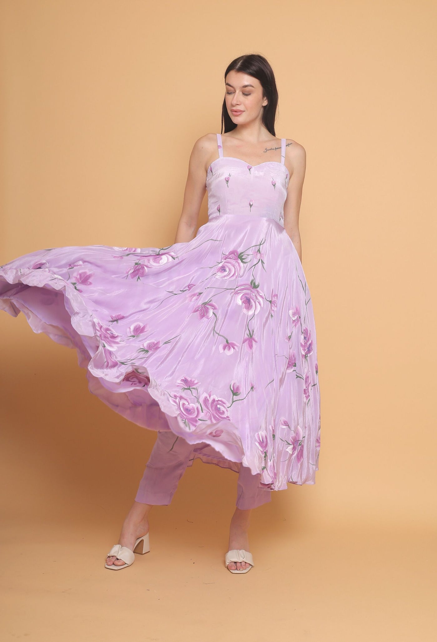 Artistic Hand-Painted Lavender Flared Dress by Destiny By Anjali - Pure Organza Elegance with Unique Floral Design, Fully Lined and Stitched. A Celebratory Ensemble for Timeless Women's Fashion