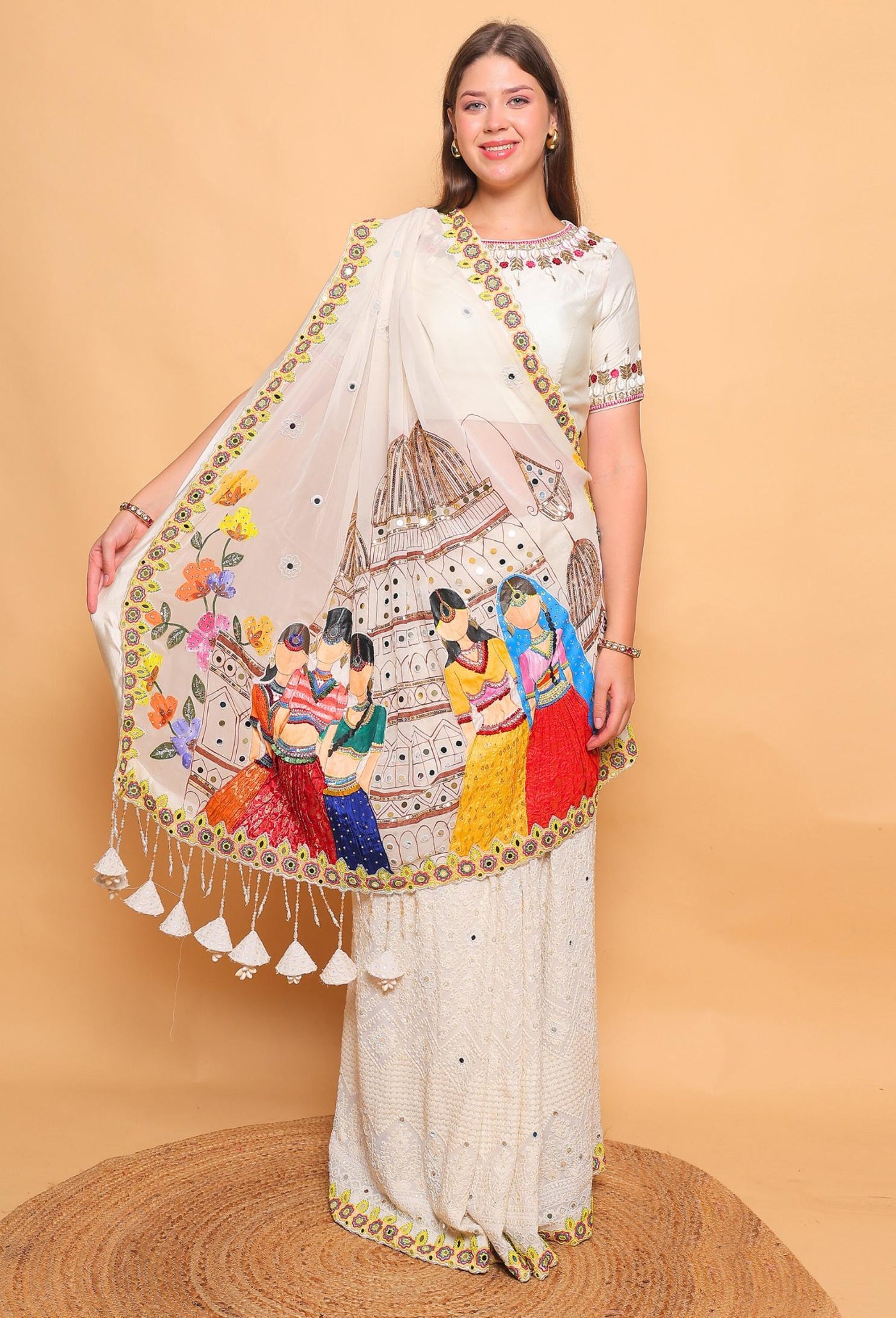 Woman wearing a traditional outfit with a decorative shawl on a beige background