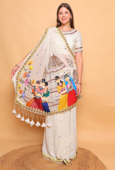 Woman wearing a traditional outfit with a decorative shawl on a beige background
