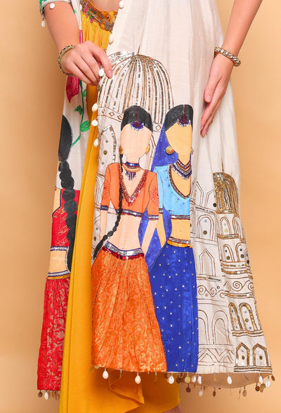 Colorful traditional outfit with intricate designs on a beige background