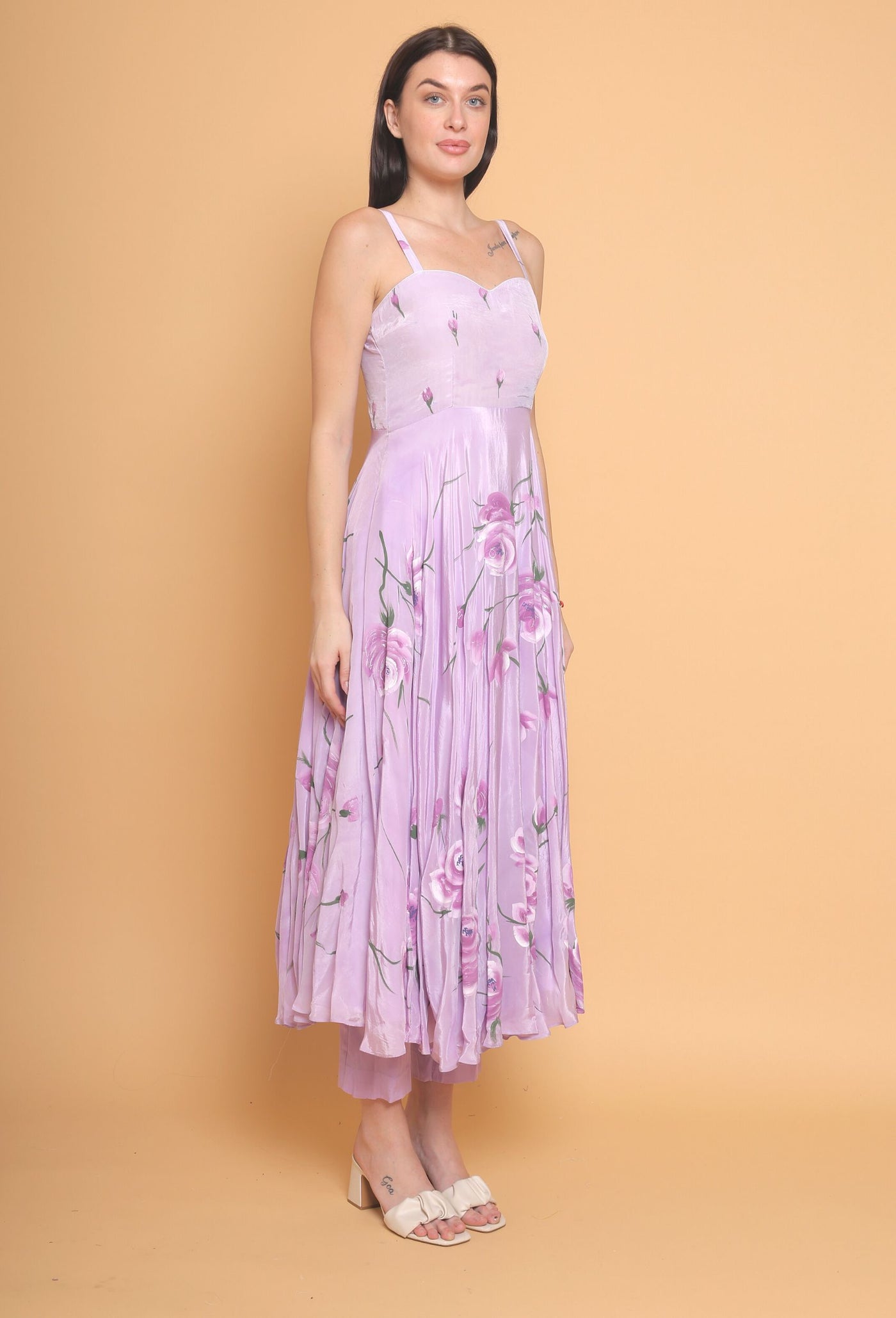 Artistic Hand-Painted Lavender Flared Dress by Destiny By Anjali - Pure Organza Elegance with Unique Floral Design, Fully Lined and Stitched. A Celebratory Ensemble for Timeless Women's Fashion