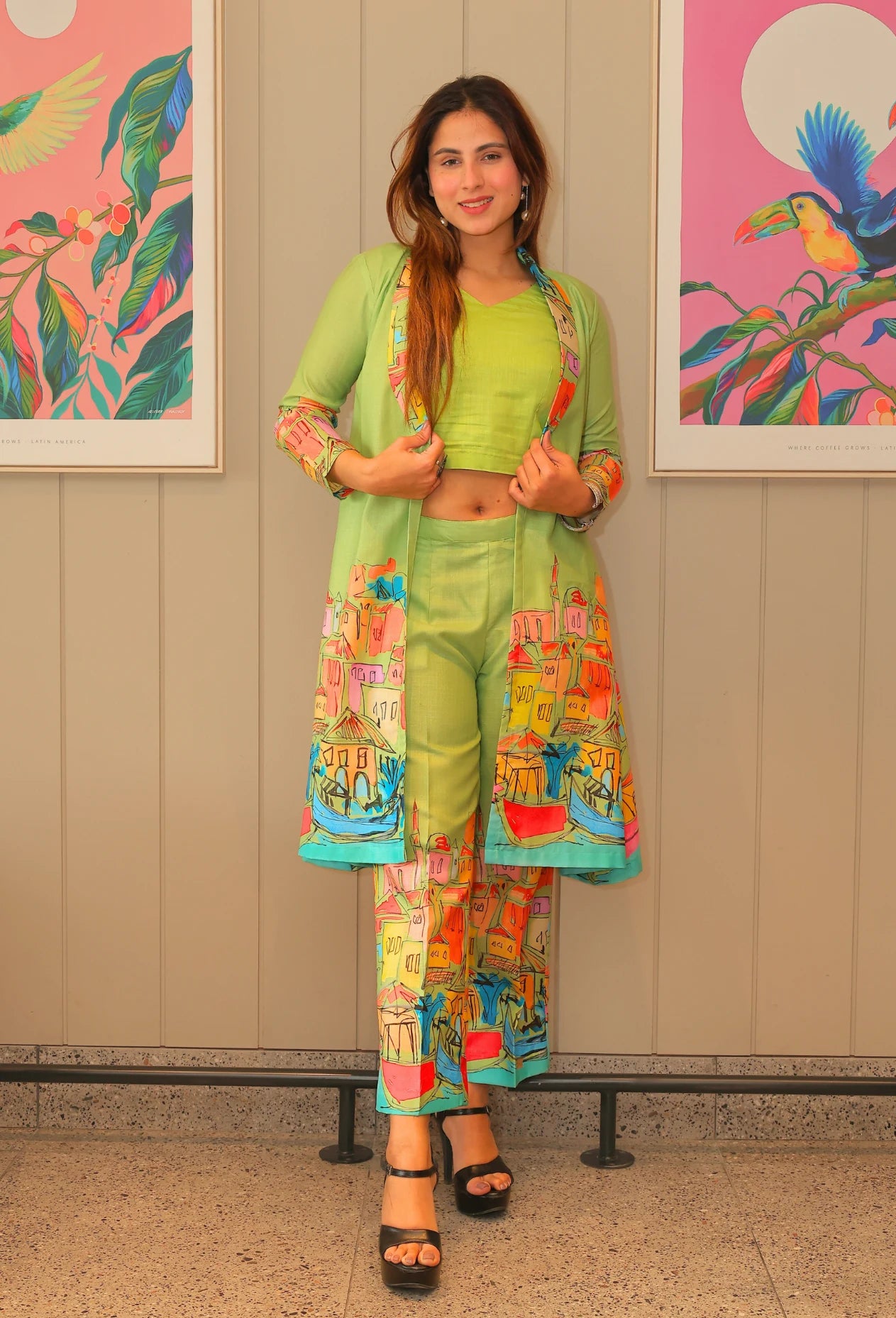 Introducing Avian Fantasia, a destiny by anjali. This jacket and crop top set features a unique avian fantasia design and is made from smooth, comfortable cotton linen fabric - perfect for summer. Embrace a modern, western style and stay cool and breezy all season long. Elevate your wardrobe with this exclusive and elegant set.