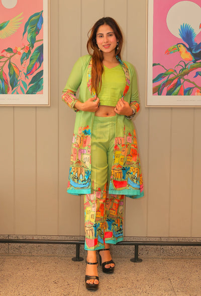 Introducing Avian Fantasia, a destiny by anjali. This jacket and crop top set features a unique avian fantasia design and is made from smooth, comfortable cotton linen fabric - perfect for summer. Embrace a modern, western style and stay cool and breezy all season long. Elevate your wardrobe with this exclusive and elegant set.