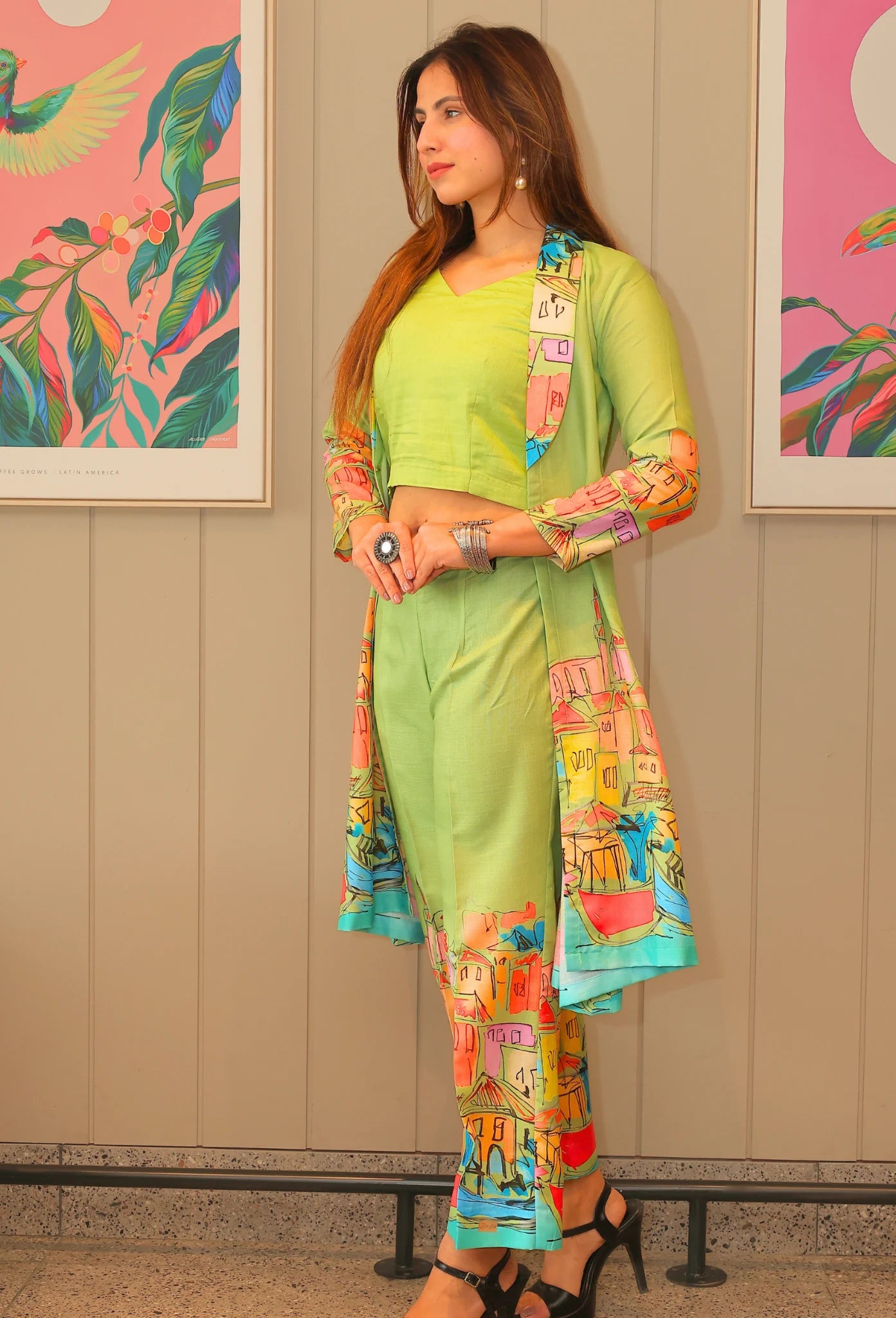 Introducing Avian Fantasia, a destiny by anjali. This jacket and crop top set features a unique avian fantasia design and is made from smooth, comfortable cotton linen fabric - perfect for summer. Embrace a modern, western style and stay cool and breezy all season long. Elevate your wardrobe with this exclusive and elegant set.