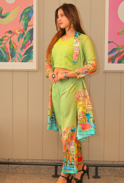 Introducing Avian Fantasia, a destiny by anjali. This jacket and crop top set features a unique avian fantasia design and is made from smooth, comfortable cotton linen fabric - perfect for summer. Embrace a modern, western style and stay cool and breezy all season long. Elevate your wardrobe with this exclusive and elegant set.