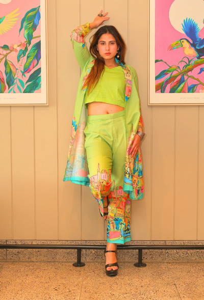 Introducing Avian Fantasia, a destiny by anjali. This jacket and crop top set features a unique avian fantasia design and is made from smooth, comfortable cotton linen fabric - perfect for summer. Embrace a modern, western style and stay cool and breezy all season long. Elevate your wardrobe with this exclusive and elegant set.