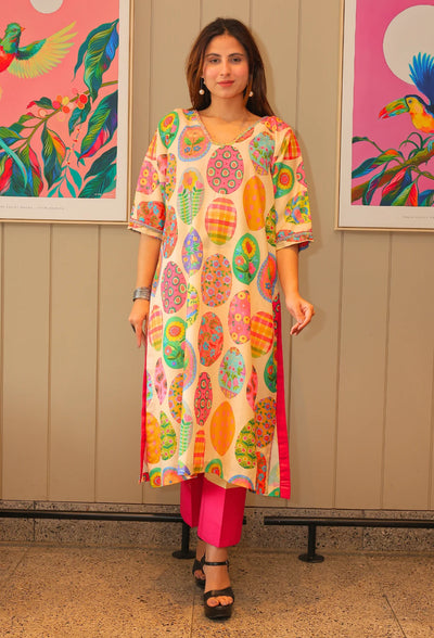 Introducing Peatchy Cuts - the epitome of effortless style. This baggy sleeve tunic kurti set from designer wear brand Destiny by Anjali is made with a luxuriously comfortable cotton linen fabric and is fully lined. Perfect for the summer season, this set features the trendy baggy sleeves and bold hot pink and blossom colors. Experience the luxury and exclusivity with Peatchy Cuts.