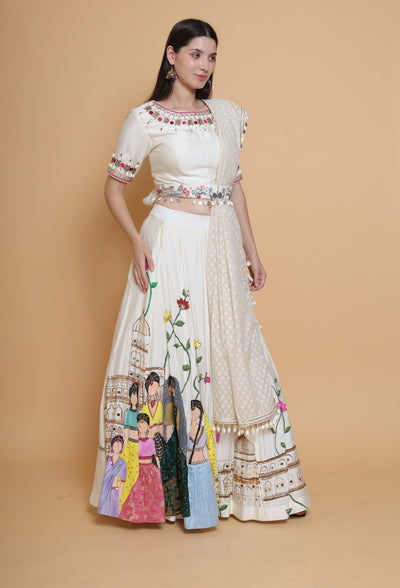 "Destiny By Anjali Elysian Dreams Cream Lehenga - Hand-Painted and Embroidered Bridal Attire."