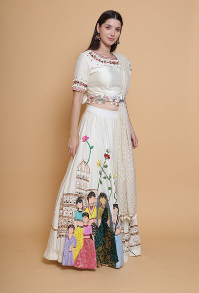 "Destiny By Anjali Elysian Dreams Cream Lehenga - Hand-Painted and Embroidered Bridal Attire."