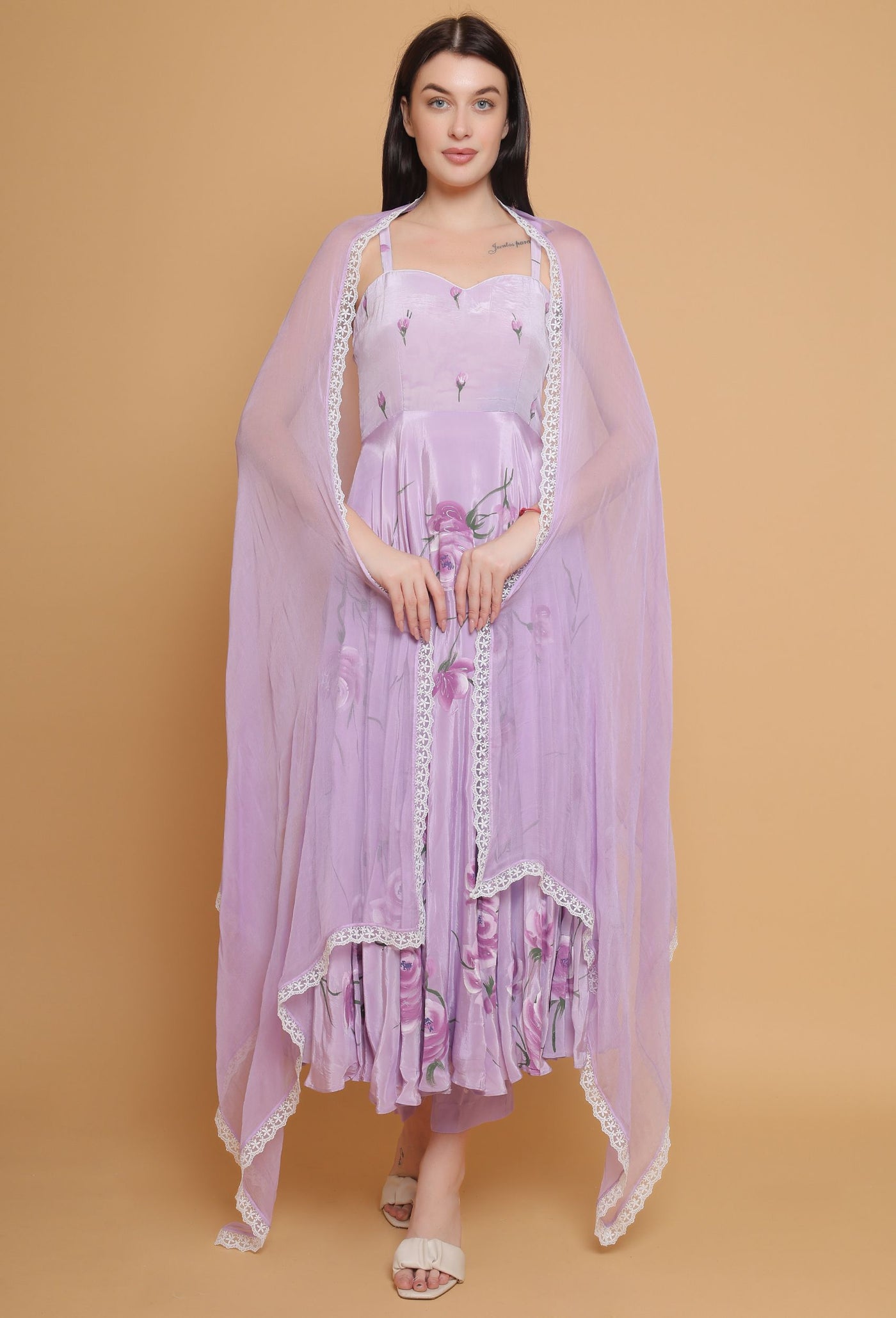 Artistic Hand-Painted Lavender Flared Dress by Destiny By Anjali - Pure Organza Elegance with Unique Floral Design, Fully Lined and Stitched. A Celebratory Ensemble for Timeless Women's Fashion