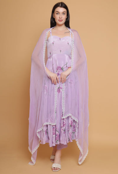 Artistic Hand-Painted Lavender Flared Dress by Destiny By Anjali - Pure Organza Elegance with Unique Floral Design, Fully Lined and Stitched. A Celebratory Ensemble for Timeless Women's Fashion