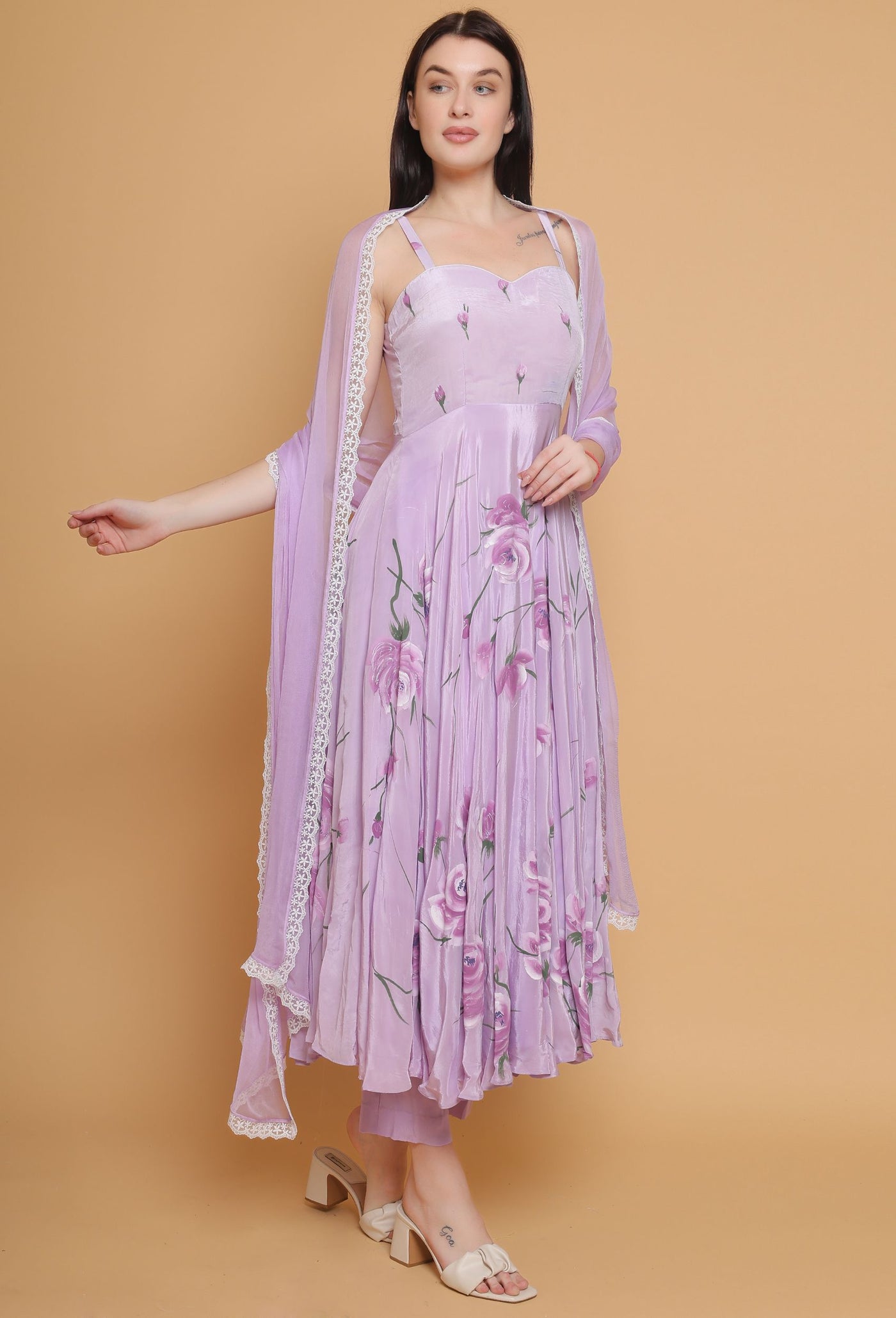 Artistic Hand-Painted Lavender Flared Dress by Destiny By Anjali - Pure Organza Elegance with Unique Floral Design, Fully Lined and Stitched. A Celebratory Ensemble for Timeless Women's Fashion