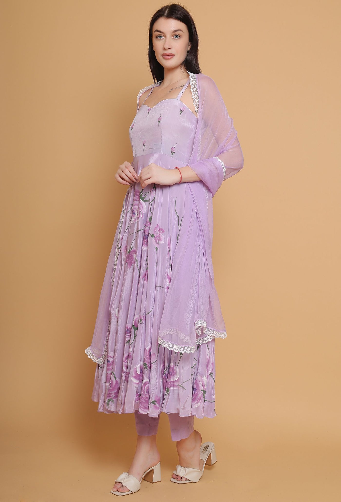 Artistic Hand-Painted Lavender Flared Dress by Destiny By Anjali - Pure Organza Elegance with Unique Floral Design, Fully Lined and Stitched. A Celebratory Ensemble for Timeless Women's Fashion