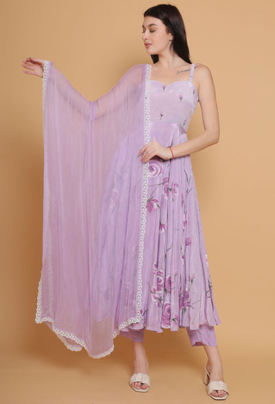 Artistic Hand-Painted Lavender Flared Dress by Destiny By Anjali - Pure Organza Elegance with Unique Floral Design, Fully Lined and Stitched. A Celebratory Ensemble for Timeless Women's Fashion
