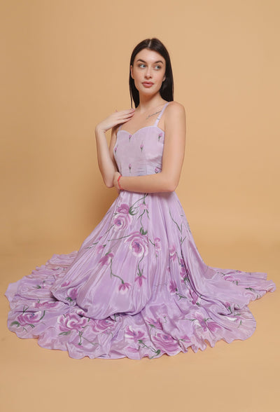 Artistic Hand-Painted Lavender Flared Dress by Destiny By Anjali - Pure Organza Elegance with Unique Floral Design, Fully Lined and Stitched. A Celebratory Ensemble for Timeless Women's Fashion