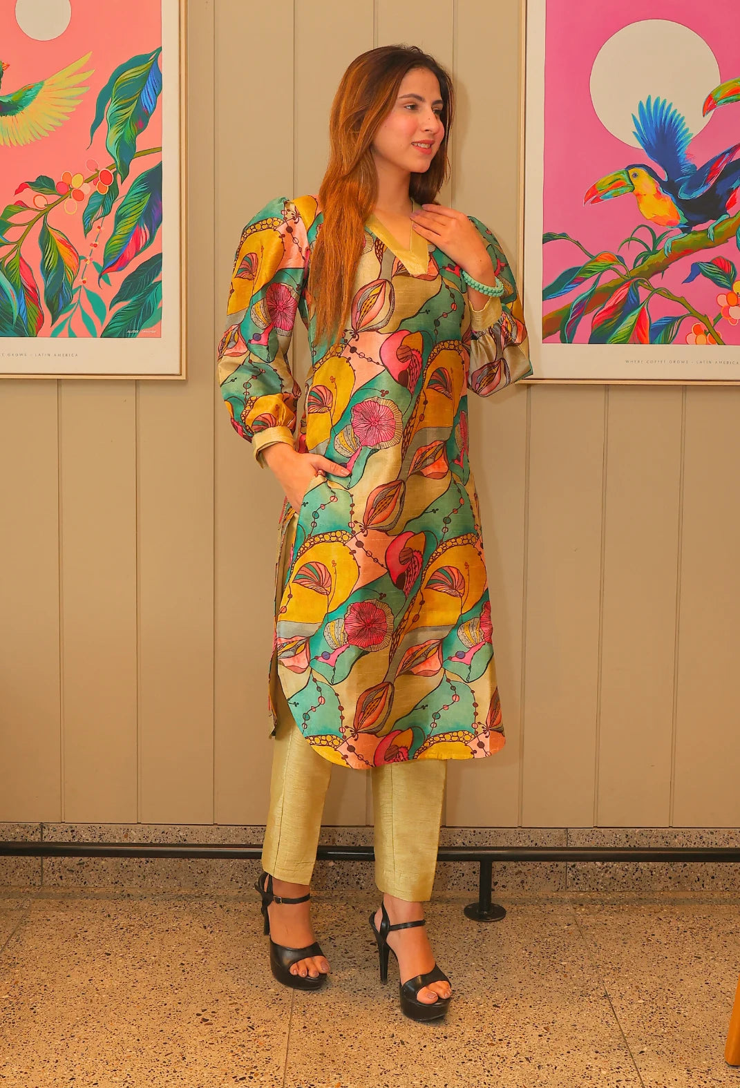 Indulge in the luxurious Ishq-e-rang Camisole Kurti Set from Destiny by Anjali. Made with passion and crafted from a smooth and breathable cotton silk fabric, this set features a perfect blend of elegance and comfort. Its vibrant colors resemble the beautiful shades of love, making it the perfect choice for a stylish and chic summer look. The fabric has a self shiny look which embraces in natural lighting.