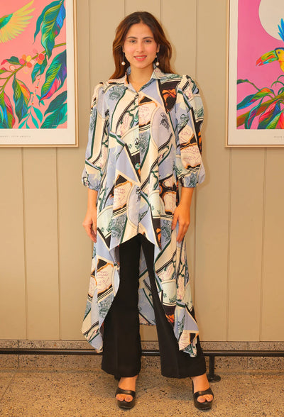the Jahan Chromatic long tail shirt with pants by Destiny by Anjali. Designed for the modern woman, this piece from Destiny By Anjali features an abstract, modern digital print on lightweight double georgette fabric. Make a statement and elevate your style with this exclusive, artistic ensemble. Made with double georgette fabric, intricate and elegant long tail pattern coupled with textured flare pants.