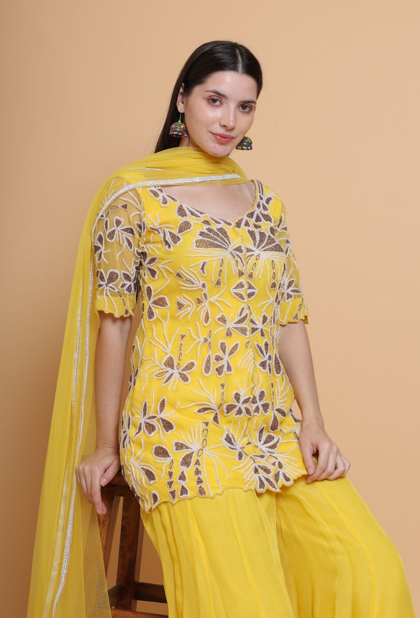 Destiny By Anjali Golden Aura Bright Yellow Suit - Hand-Embroidered Cut Stone Ensemble for Elegant Occasions