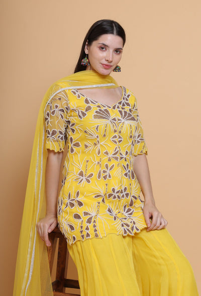 Destiny By Anjali Golden Aura Bright Yellow Suit - Hand-Embroidered Cut Stone Ensemble for Elegant Occasions