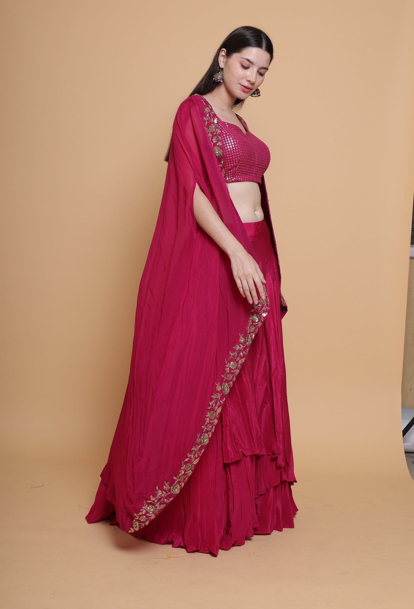Destiny By Anjali Shiraz Maroon Cape Lehenga - Hand-Embroidered Dabka and Resham Work Ensemble