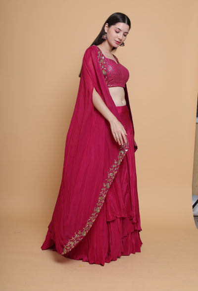 Destiny By Anjali Shiraz Maroon Cape Lehenga - Hand-Embroidered Dabka and Resham Work Ensemble