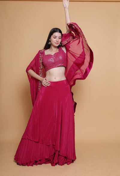 Destiny By Anjali Shiraz Maroon Cape Lehenga - Hand-Embroidered Dabka and Resham Work Ensemble