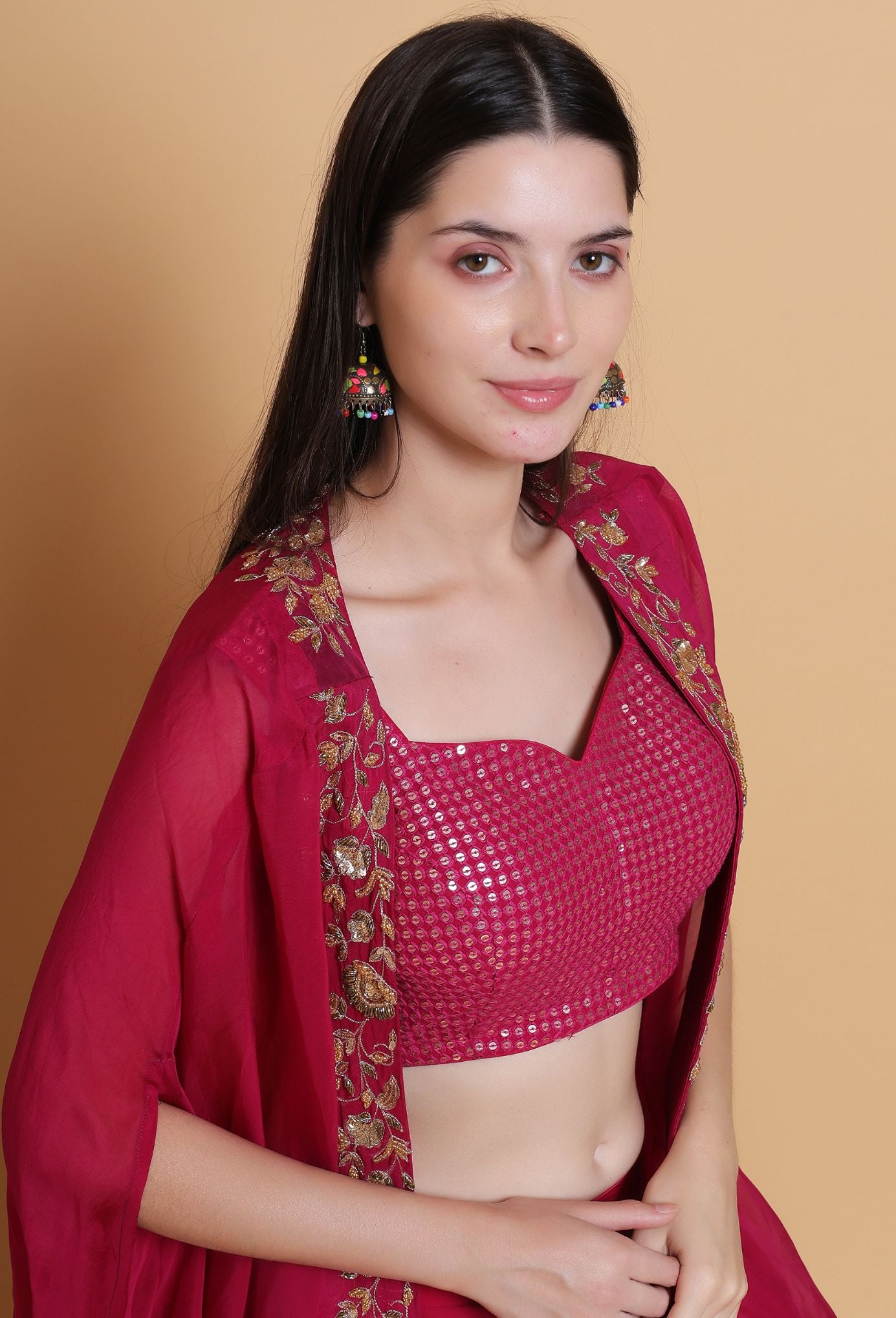 Shiraz Maroon Cape Lehenga with Dabka and Cut Stone Work