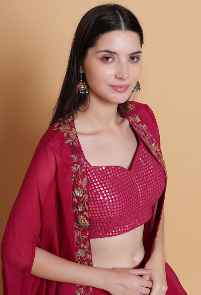 Shiraz Maroon Cape Lehenga with Dabka and Cut Stone Work