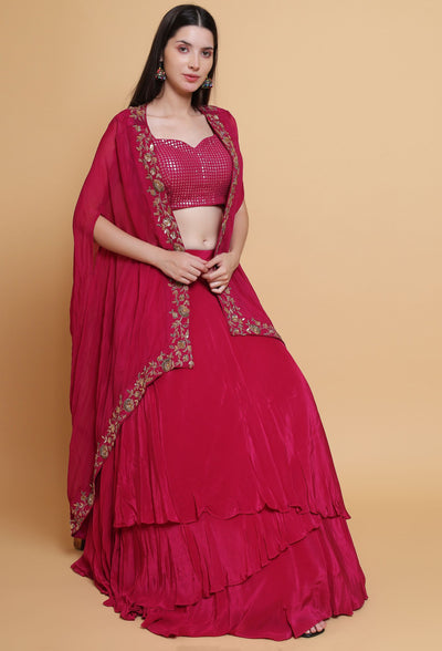 Destiny By Anjali Shiraz Maroon Cape Lehenga - Hand-Embroidered Dabka and Resham Work EnsembleDestiny By Anjali Shiraz Maroon Cape Lehenga - Hand-Embroidered Dabka and Resham Work Ensemble