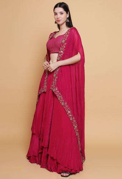 Destiny By Anjali Shiraz Maroon Cape Lehenga - Hand-Embroidered Dabka and Resham Work EnsembleDestiny By Anjali Shiraz Maroon Cape Lehenga - Hand-Embroidered Dabka and Resham Work Ensemble