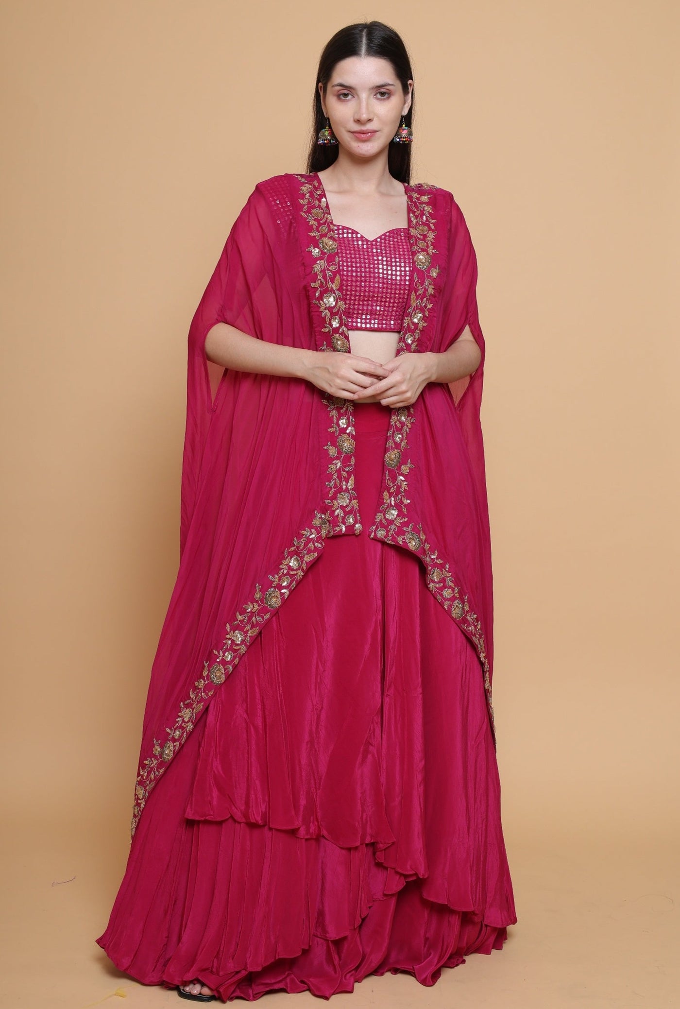 Destiny By Anjali Shiraz Maroon Cape Lehenga - Hand-Embroidered Dabka and Resham Work Ensemble