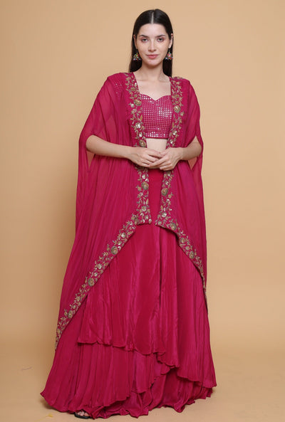 Destiny By Anjali Shiraz Maroon Cape Lehenga - Hand-Embroidered Dabka and Resham Work Ensemble