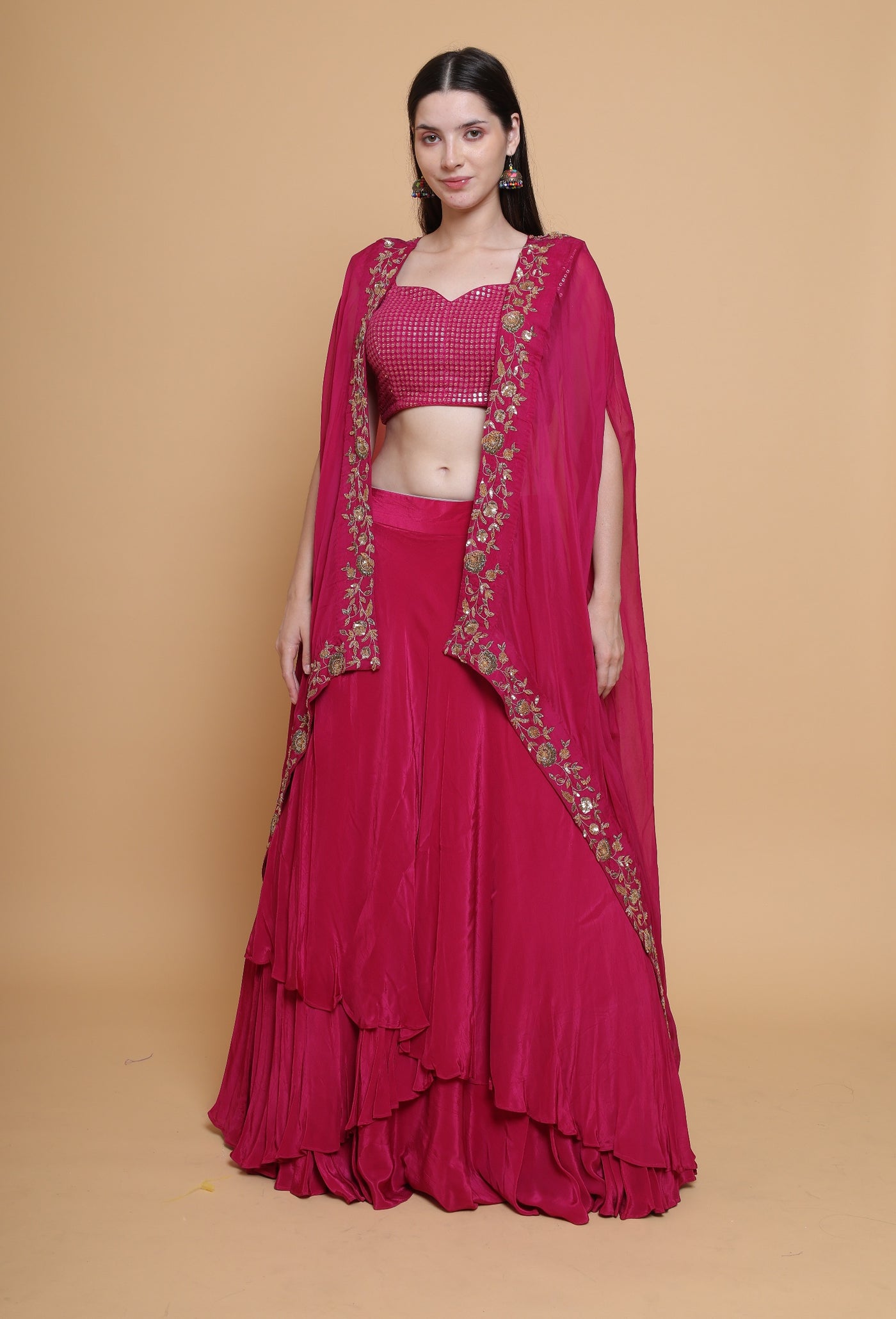 Destiny By Anjali Shiraz Maroon Cape Lehenga - Hand-Embroidered Dabka and Resham Work Ensemble