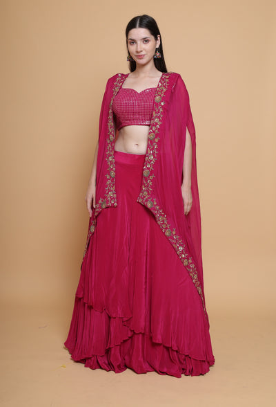 Destiny By Anjali Shiraz Maroon Cape Lehenga - Hand-Embroidered Dabka and Resham Work Ensemble