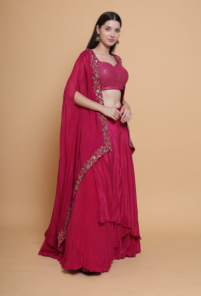 Destiny By Anjali Shiraz Maroon Cape Lehenga - Hand-Embroidered Dabka and Resham Work Ensemble