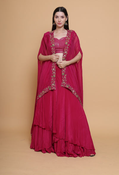 Destiny By Anjali Shiraz Maroon Cape Lehenga - Hand-Embroidered Dabka and Resham Work Ensemble