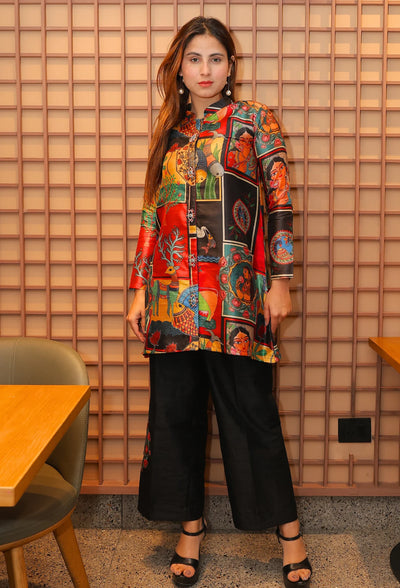 <p>Indulge in luxury with our Mythic Madhubani coord set, designed by Destiny by Anjali. Made with high-quality cotton silk fabric, this modern coord set brings a unique twist on traditional madhubani designs. Perfect for summer events, its classic look and flared pants with intricate designs will make you stand out. Experience the exquisite blend of rural charm with a touch of elegance in this exclusive coord set.</p> <p>&nbsp;</p>