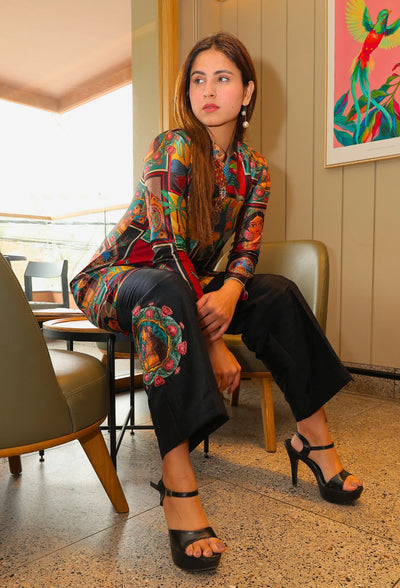 <p>Indulge in luxury with our Mythic Madhubani coord set, designed by Destiny by Anjali. Made with high-quality cotton silk fabric, this modern coord set brings a unique twist on traditional madhubani designs. Perfect for summer events, its classic look and flared pants with intricate designs will make you stand out. Experience the exquisite blend of rural charm with a touch of elegance in this exclusive coord set.</p> <p>&nbsp;</p>