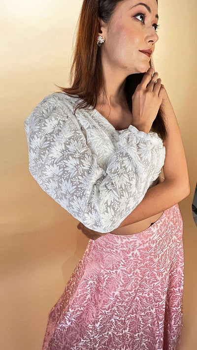 Destiny By Anjali Bishop Sleeve One Shoulder Crop Top and Pink Jacquard Skirt Set - Embroidered Net and Woven Jacquard Fabric Designer Dress for Party Wear