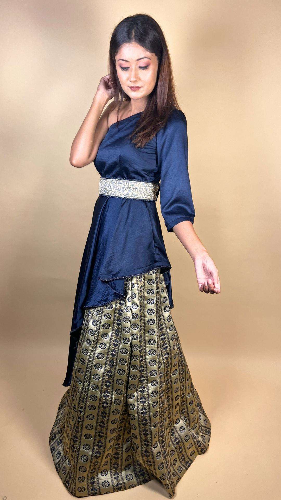 Destiny By Anjali Dark Blue One Side Shoulder Embroidered Top and Jacquard Skirt Set - Unique Cape Top, Trending Jacquard Skirt, Fashionable Two-Piece Skirt and Top for Women
