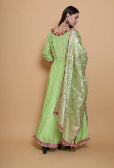 Destiny By Anjali Paradise Bloom Parrot Green Anarkali Suit - Hand-Embroidered Crochet Flower Details, Pure Crepe Fabric