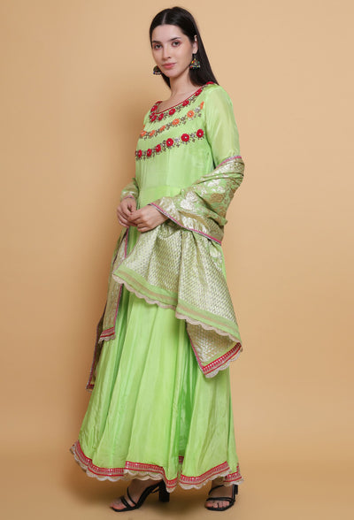 Destiny By Anjali Paradise Bloom Parrot Green Anarkali Suit - Hand-Embroidered Crochet Flower Details, Pure Crepe Fabric