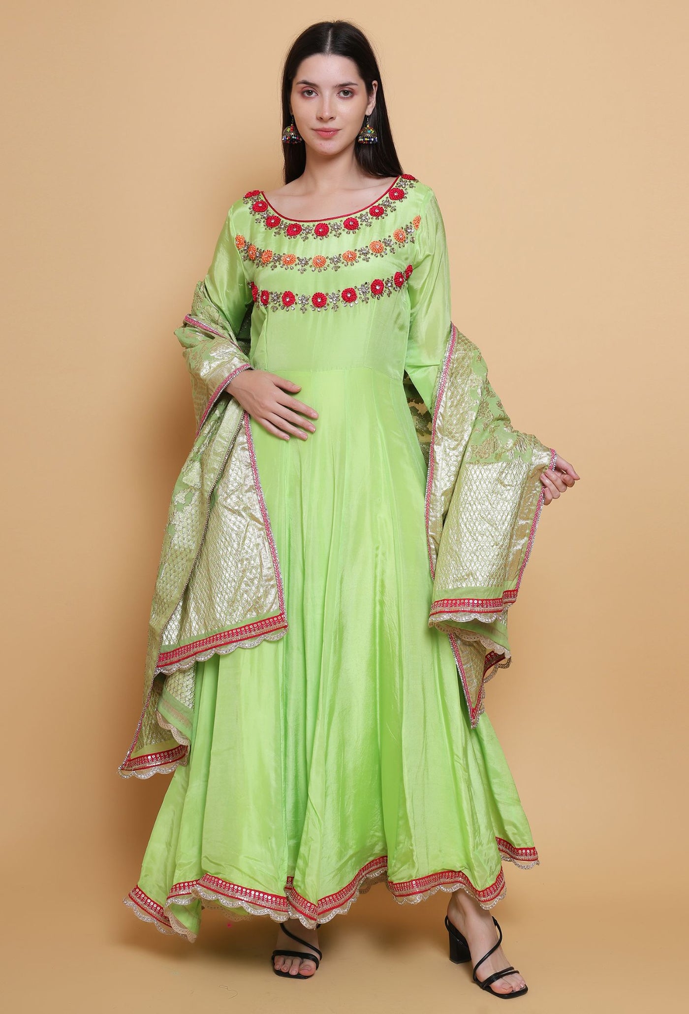 Destiny By Anjali Paradise Bloom Parrot Green Anarkali Suit - Hand-Embroidered Crochet Flower Details, Pure Crepe Fabric
