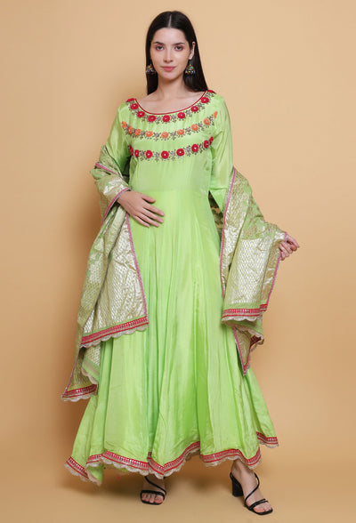 Destiny By Anjali Paradise Bloom Parrot Green Anarkali Suit - Hand-Embroidered Crochet Flower Details, Pure Crepe Fabric