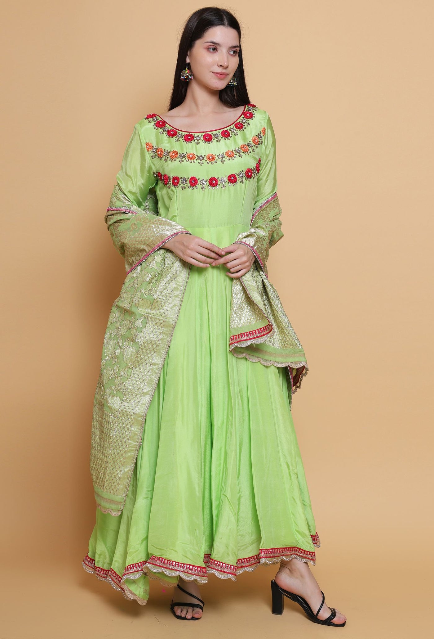 Destiny By Anjali Paradise Bloom Parrot Green Anarkali Suit - Hand-Embroidered Crochet Flower Details, Pure Crepe Fabric