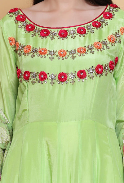 Destiny By Anjali Paradise Bloom Parrot Green Anarkali Suit - Hand-Embroidered Crochet Flower Details, Pure Crepe Fabric