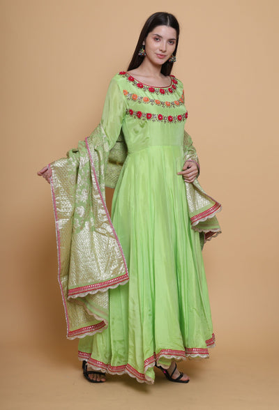 Destiny By Anjali Paradise Bloom Parrot Green Anarkali Suit - Hand-Embroidered Crochet Flower Details, Pure Crepe Fabric
