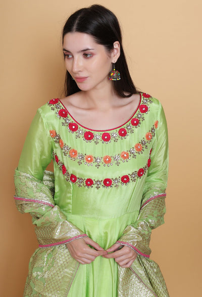 Destiny By Anjali Paradise Bloom Parrot Green Anarkali Suit - Hand-Embroidered Crochet Flower Details, Pure Crepe Fabric